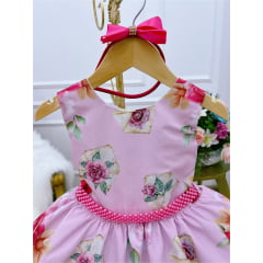 Vestido Infantil Rosa Florido C/ Cinto Pérolas Tiara Strass