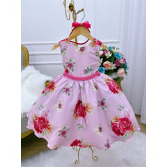 Vestido Infantil Rosa Florido C/ Cinto Pérolas Tiara Strass