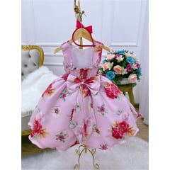 Vestido Infantil Rosa Florido C/ Cinto Pérolas Tiara Strass