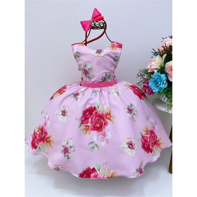 Vestido Infantil Rosa Florido C/ Cinto Pérolas Tiara Strass Vestido Infantil Rosa Florido C/ Cinto Pérolas Tiara Strass