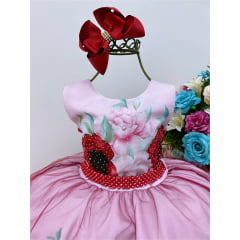 Vestido Infantil Rosa Florido Strass Cinto de Pérolas e Laço