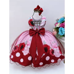 Vestido Infantil Rosa Florido Strass Cinto de Pérolas e Laço