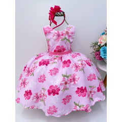Vestido Infantil Rosa Florido Strass Peito C/ Pérola e Tiara