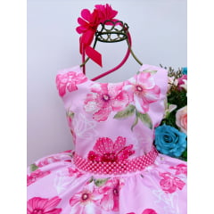 Vestido Infantil Rosa Florido Strass Peito C/ Pérola e Tiara