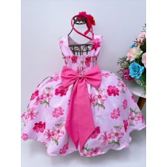 Vestido Infantil Rosa Florido Strass Peito C/ Pérola e Tiara
