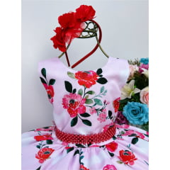 Vestido Infantil Rosa Jardim das Flores Cinto Pérolas Tiara