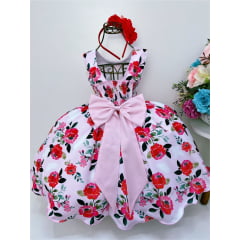 Vestido Infantil Rosa Jardim das Flores Cinto Pérolas Tiara