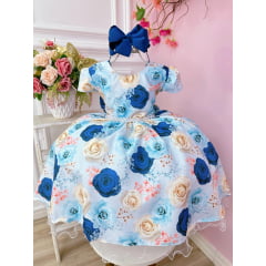 Vestido Infantil Azul Florido Rosas e Cinto de Pérolas Festa