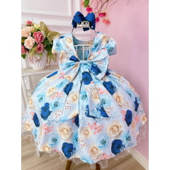 Vestido Infantil Azul Florido Rosas e Cinto de Pérolas Festa