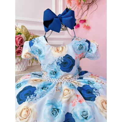 Vestido Infantil Azul Florido Rosas e Cinto de Pérolas Festa