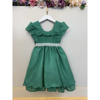 Vestido Infantil Verde Laise C/ Babados Formatura Festas