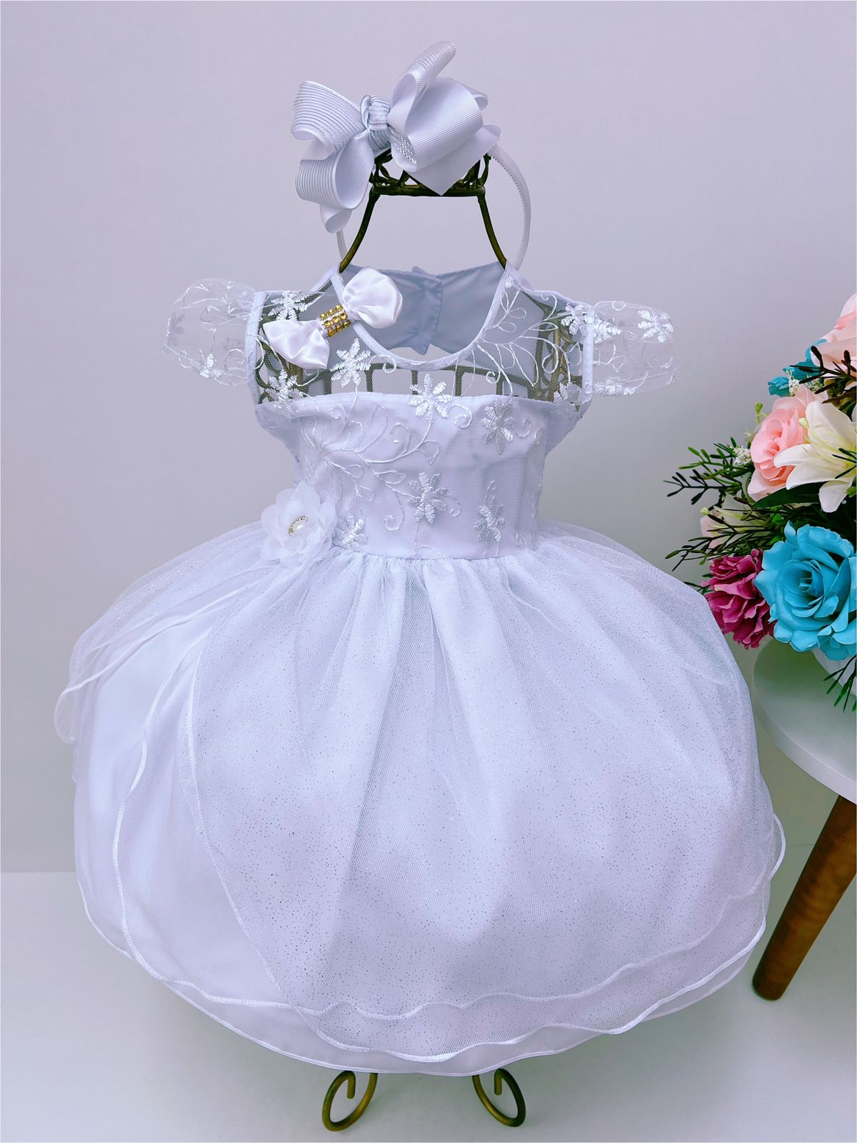 Vestido Infantil Branco Renda Florido Laço e Brilho
