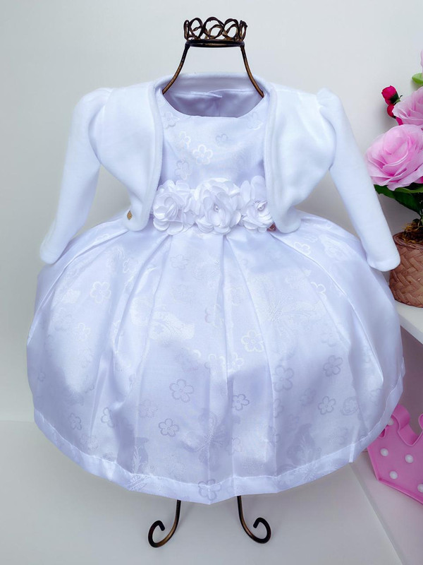 Vestido Infantil Branco Batizado Bebe Apliques Com Bolero Rosa Charmosa Atacado Vestido Infantil Branco Batizado Bebe Apliques Com Bolero Rosa Charmosa Atacado