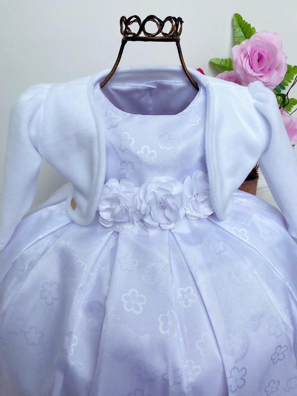 Vestido Infantil Branco Batizado Bebe Apliques Com Bolero Rosa Charmosa Atacado