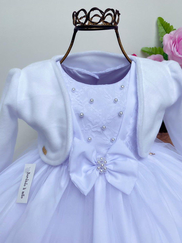 Vestido Infantil Branco Batizado Bebe Laco Perolas C Bolero Rosa Charmosa Atacado