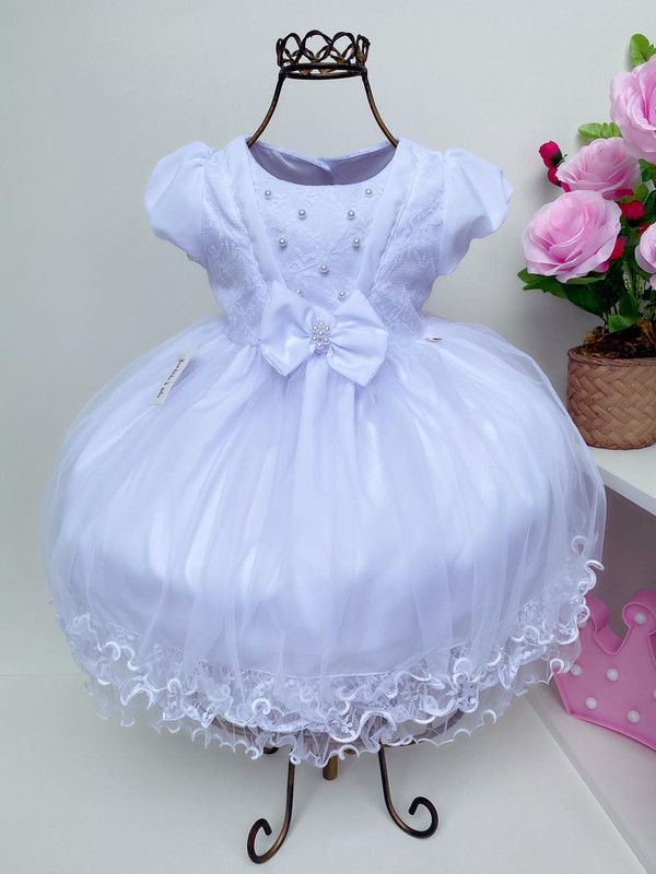 Vestido Infantil Branco Batizado Bebe Laco Perolas C Bolero Rosa Charmosa Atacado