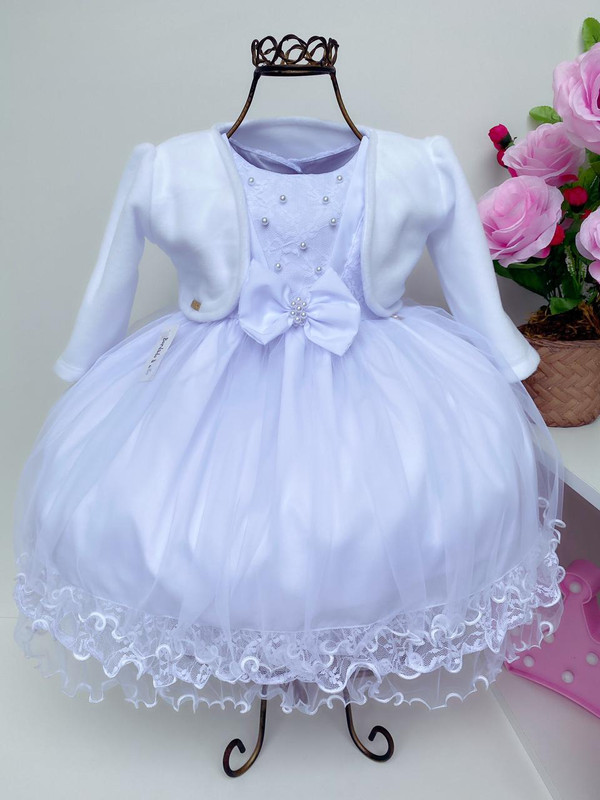 Vestido Infantil Branco Batizado Bebe Laco Perolas C Bolero Rosa Charmosa Atacado Vestido Infantil Branco Batizado Bebe Laco Perolas C Bolero Rosa Charmosa Atacado