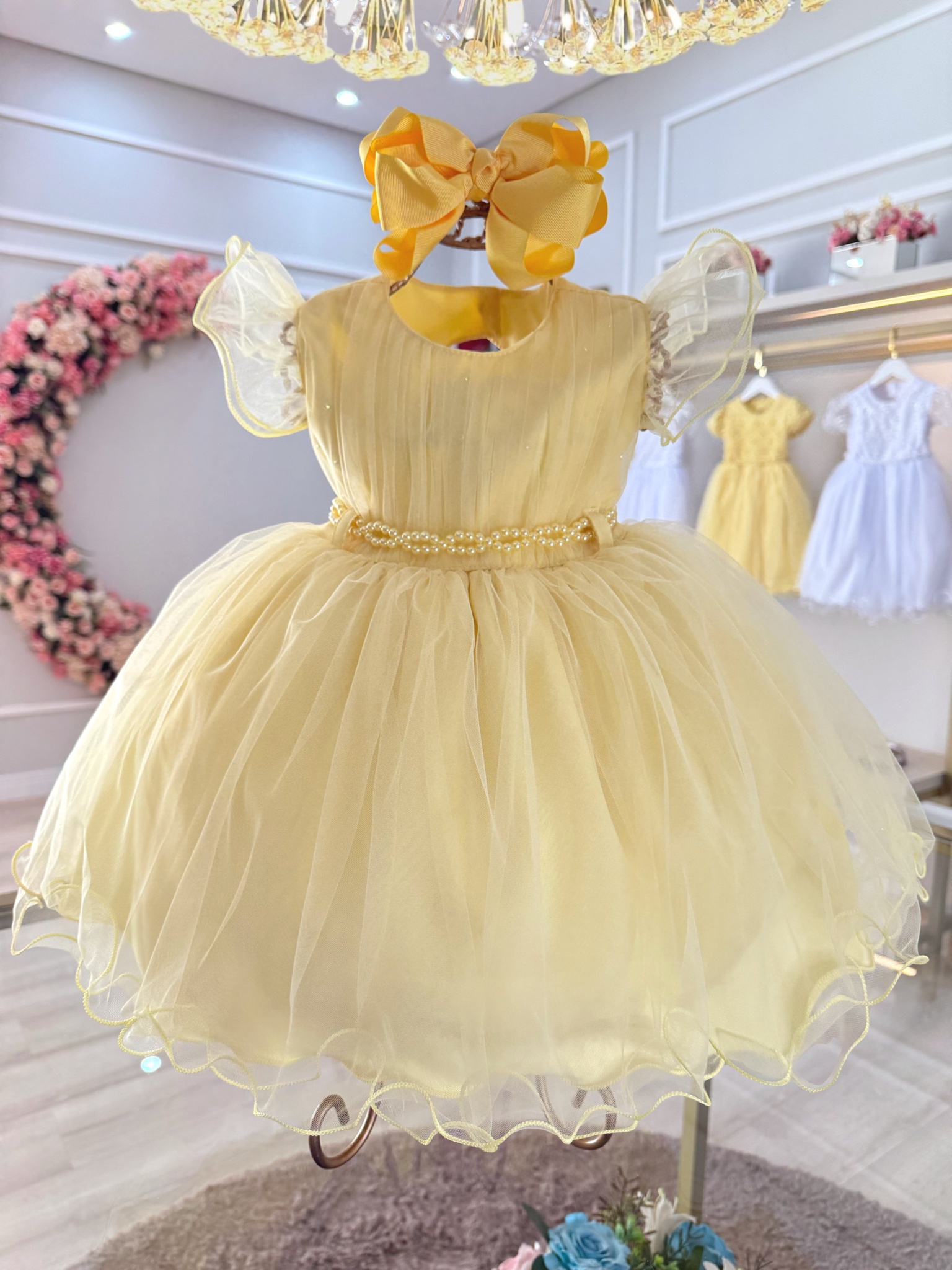 Vestido Bebê Amarelo Cinto de Pérolas Luxo Batizados
