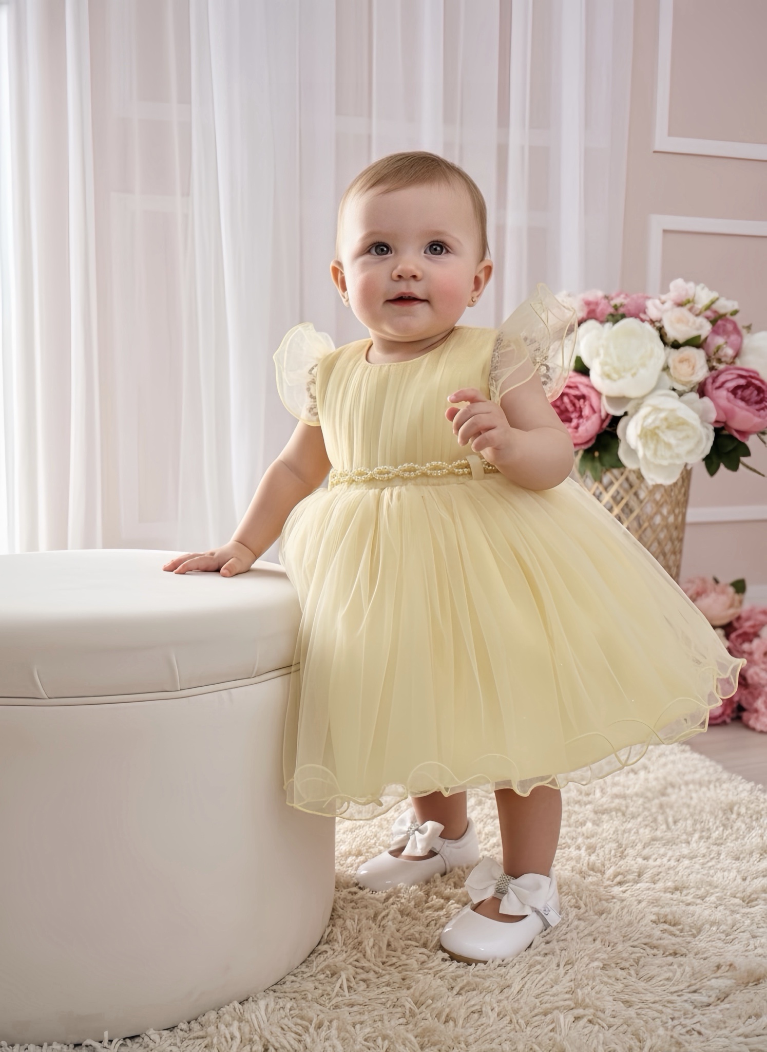 Vestido Bebê Amarelo Cinto de Pérolas Luxo Batizados
