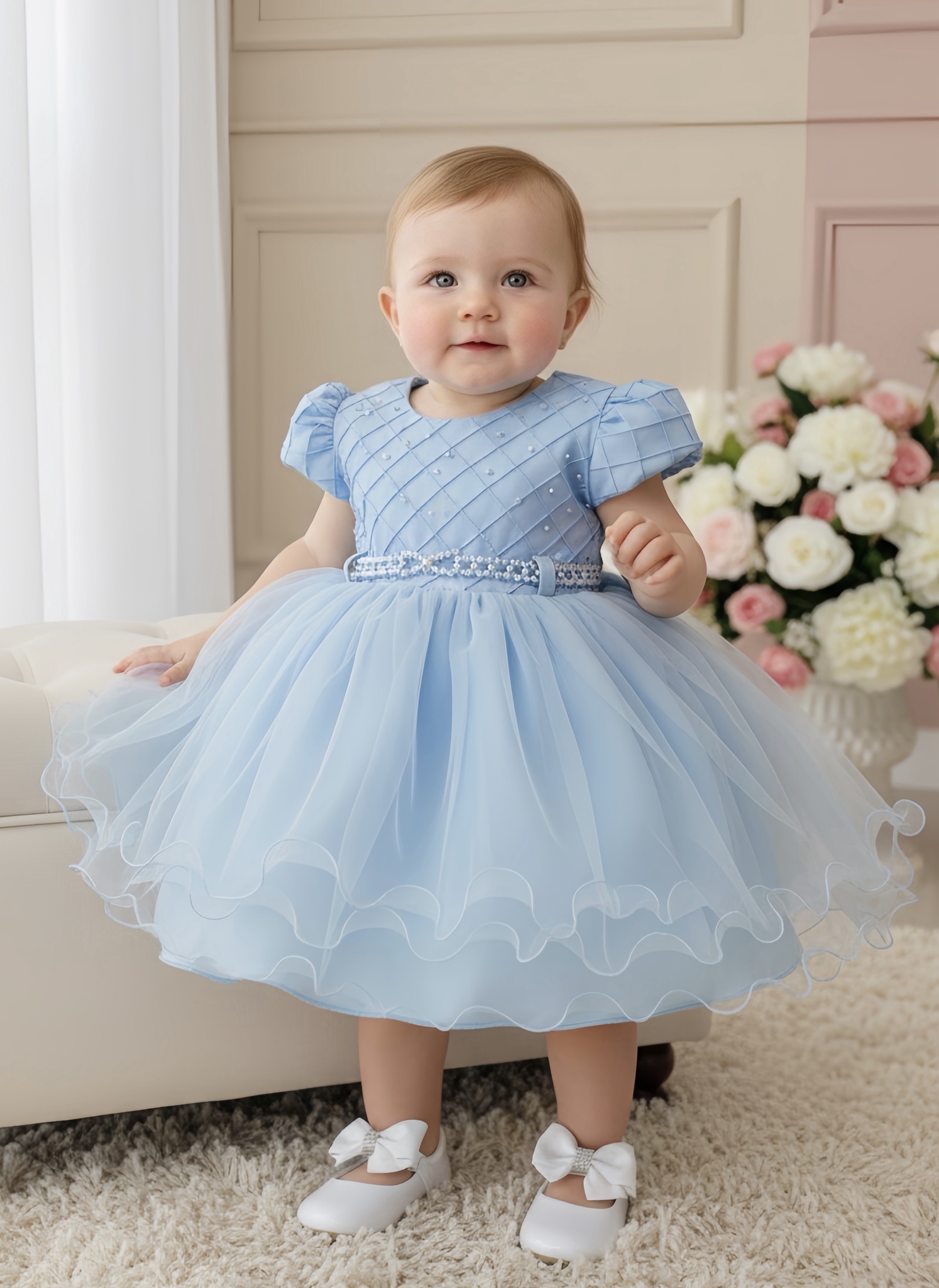 Vestido Bebê Azul Claro Busto Nervura Pérolas Batizados