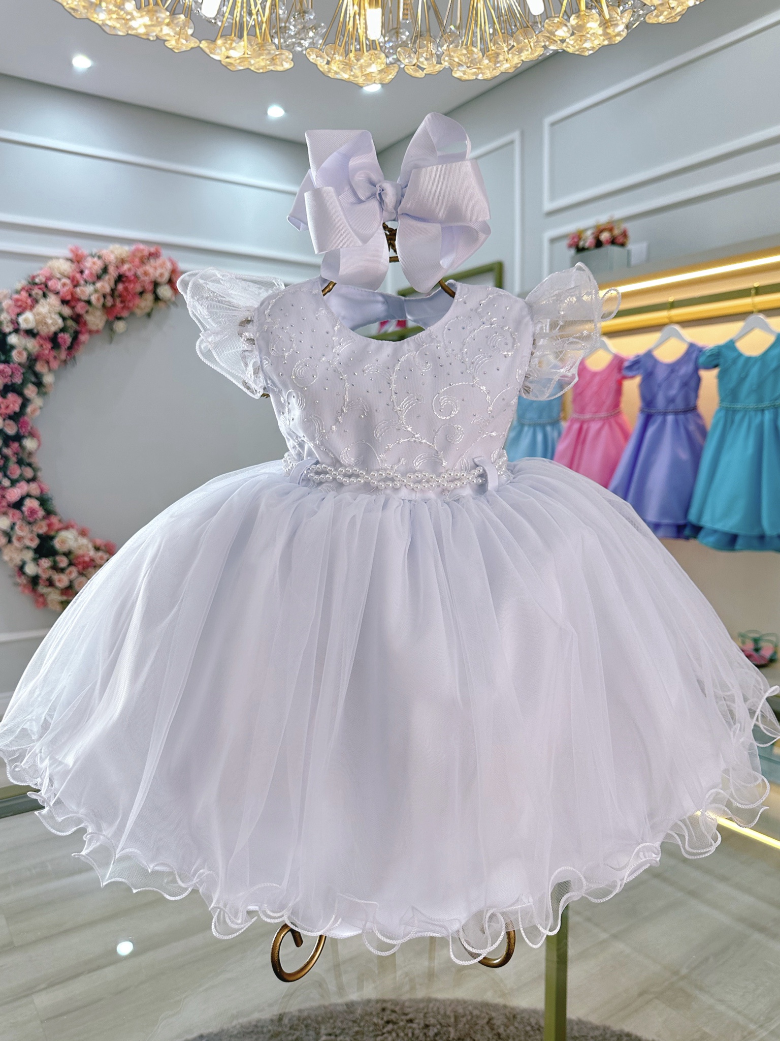 Vestido Bebê Branco Busco Com Renda Batizados Festas