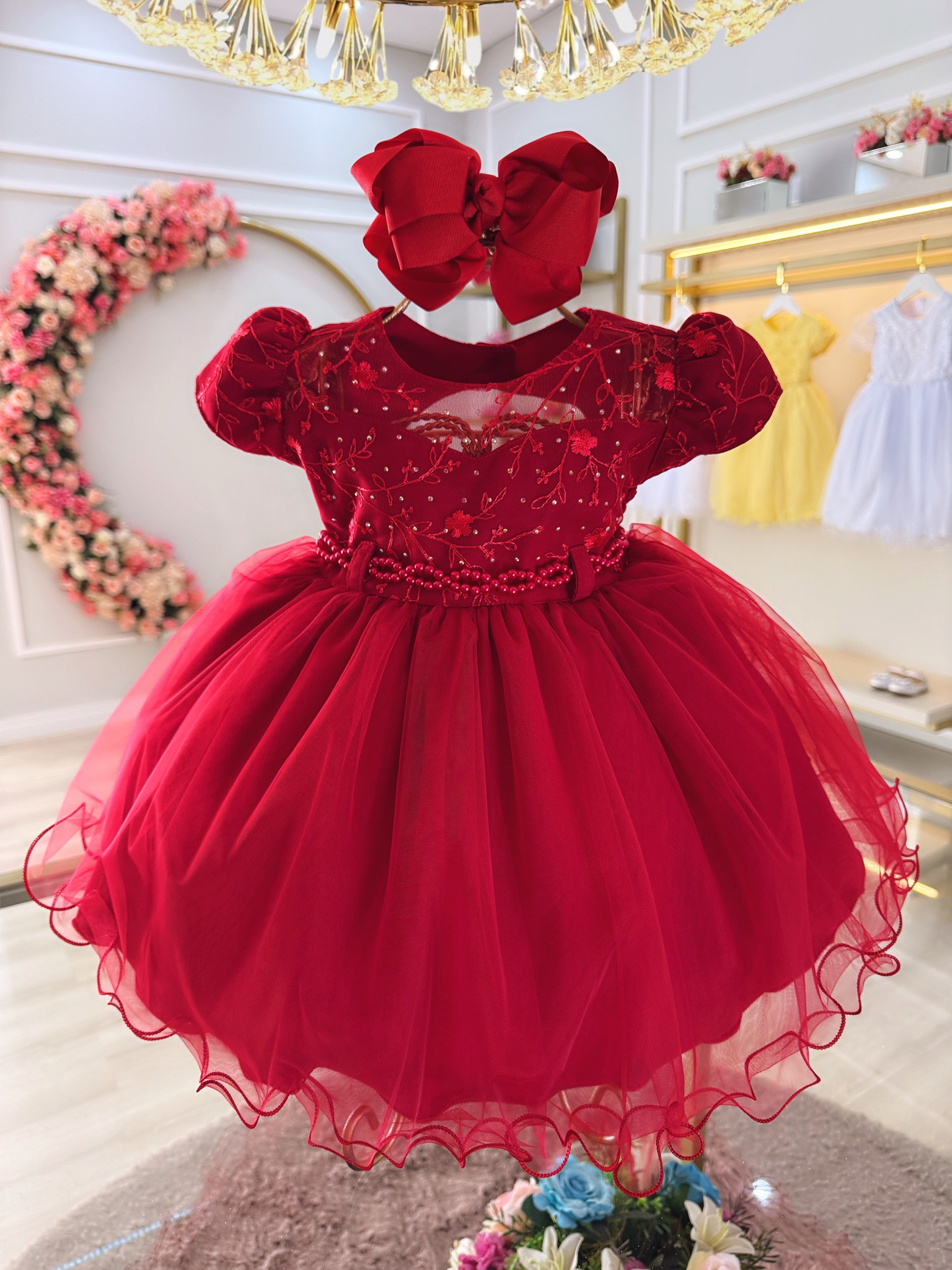Vestido Bebê Vermelho Busto Com Strass Batizados