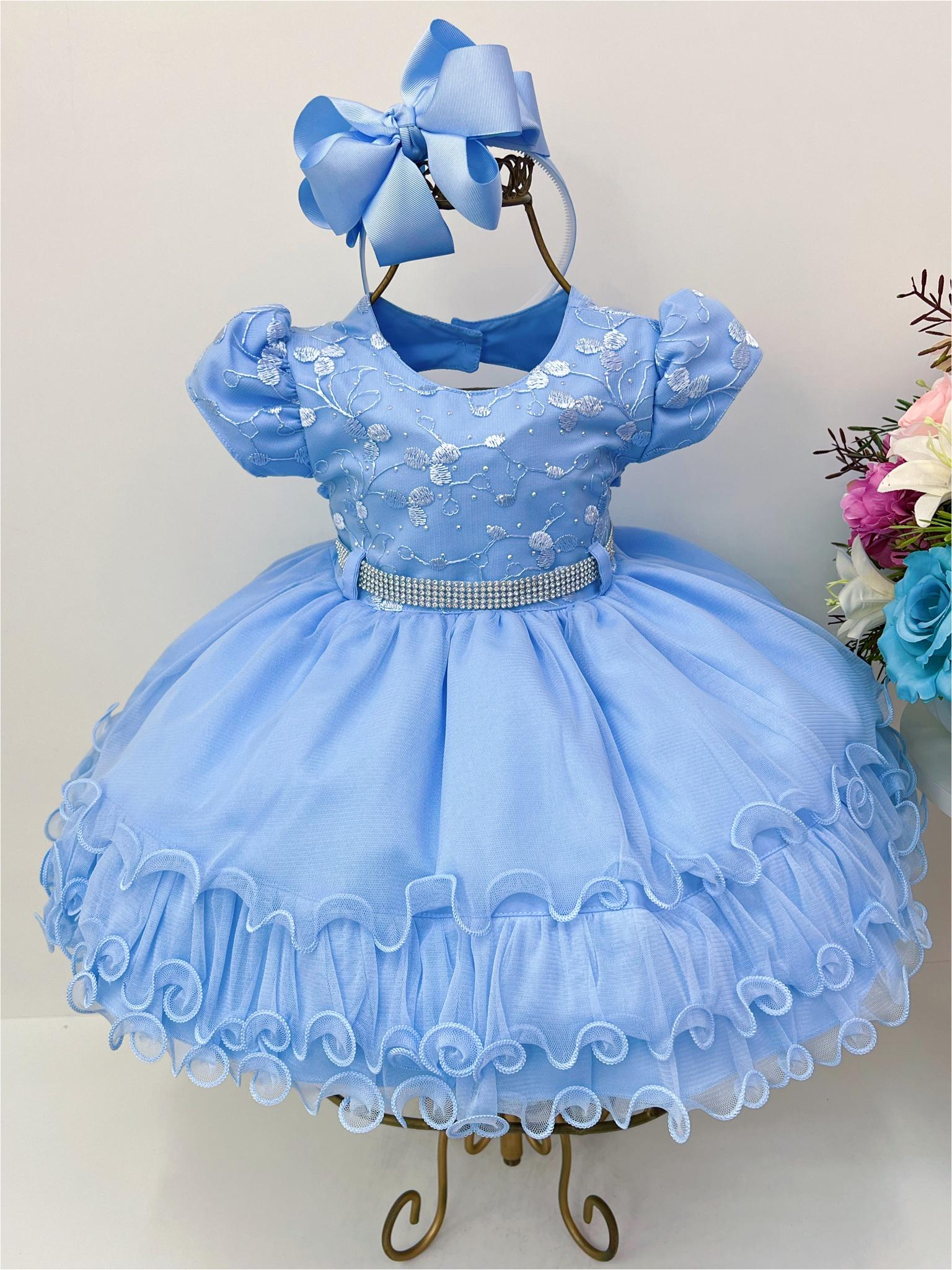 Vestido Infantil Azul Babados Renda Cinto de Strass