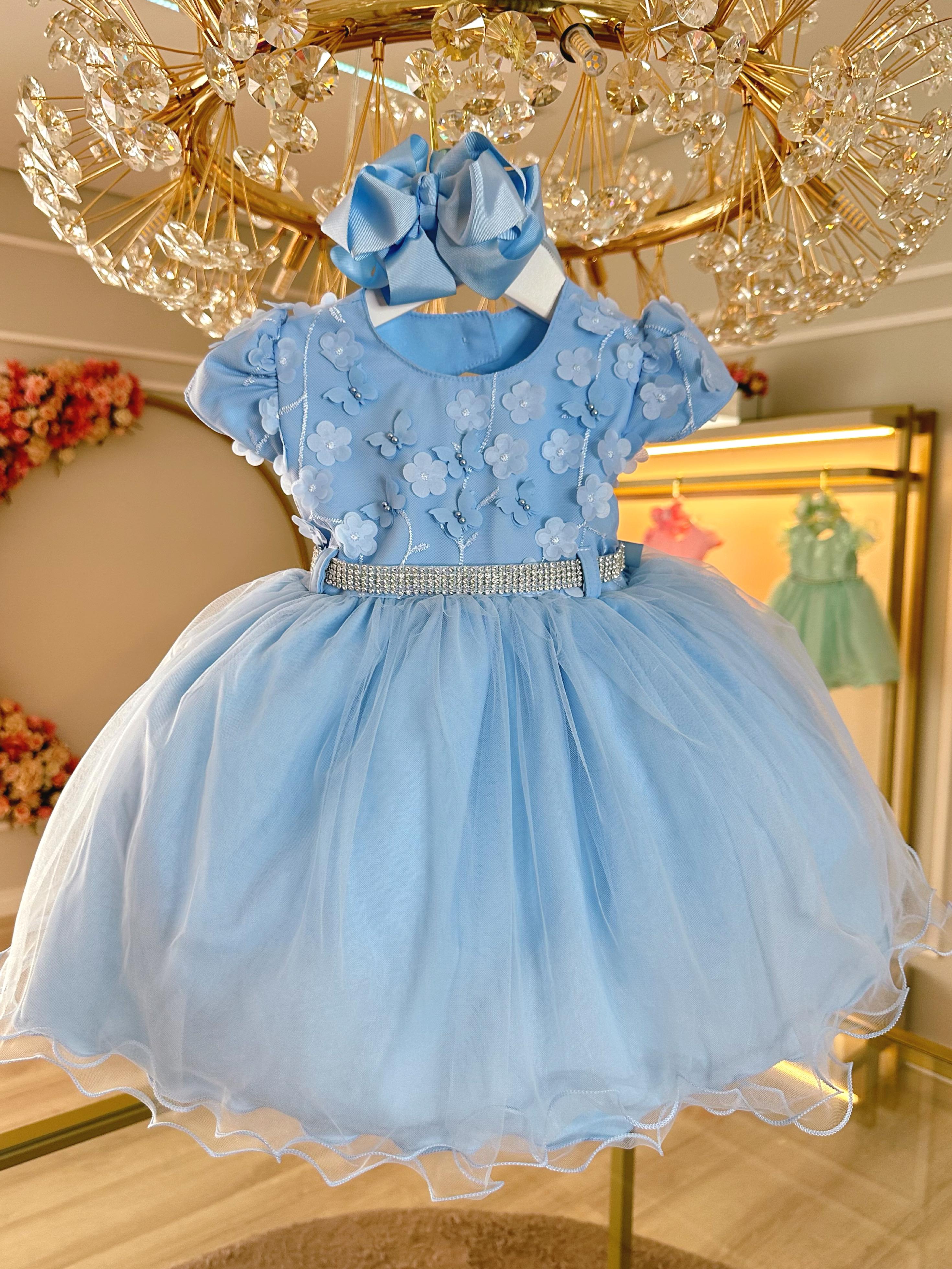 Vestido Infantil Azul Busto Com Renda e Pérolas Batizados