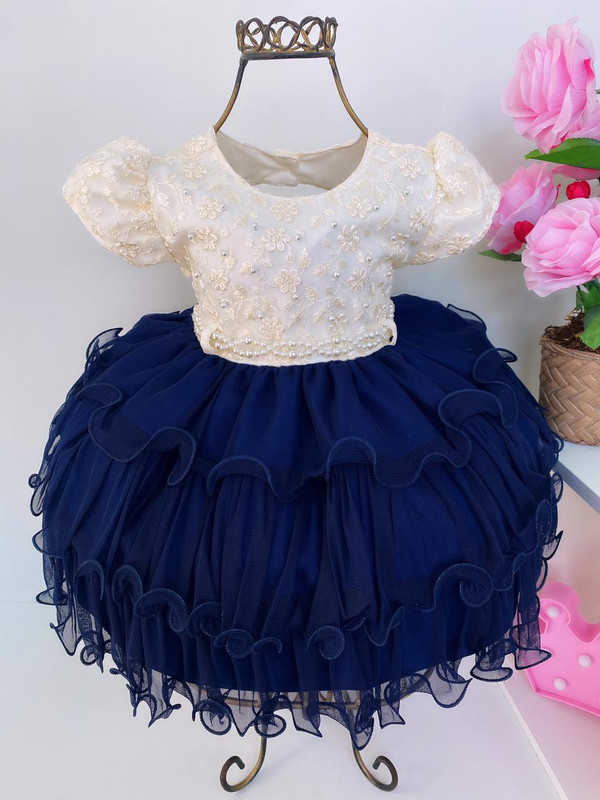 Vestido Infantil Azul Marinho e Off Luxo Babados Cinto