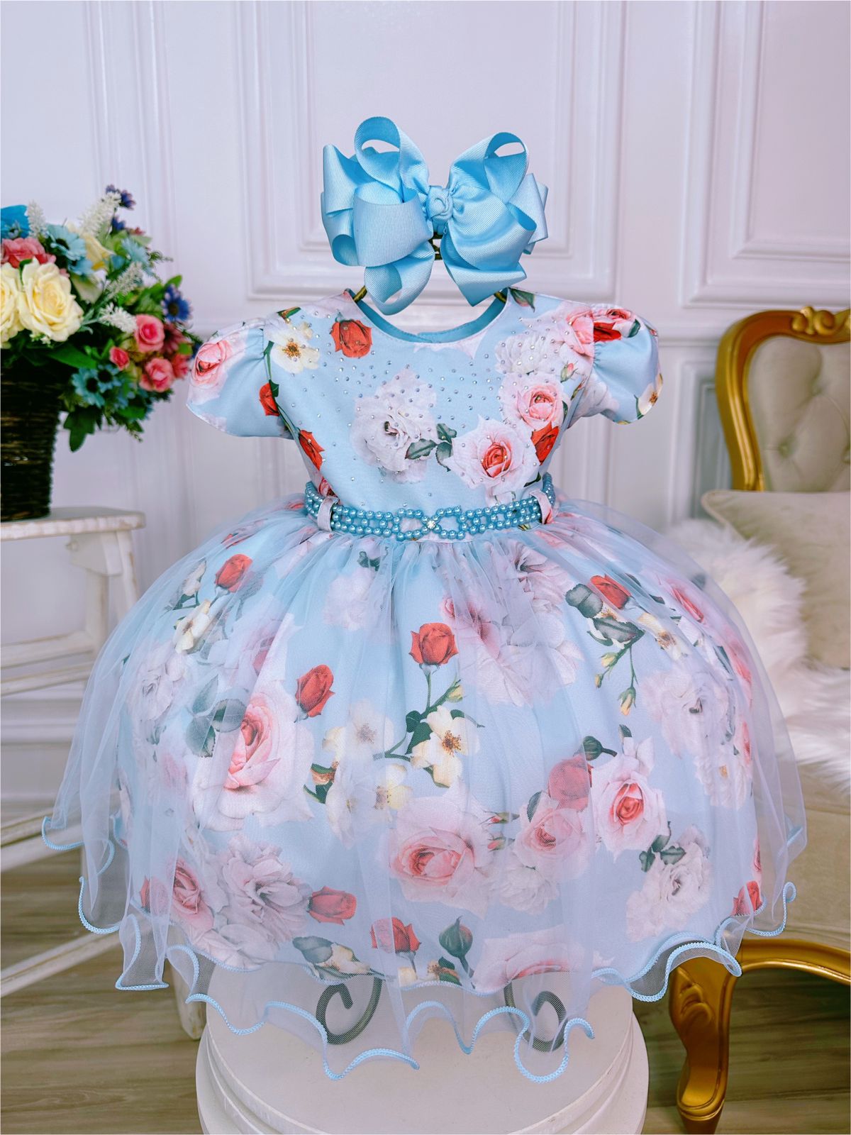 Vestido Infantil Azul Peito Nervura Florido Batizado Bebê