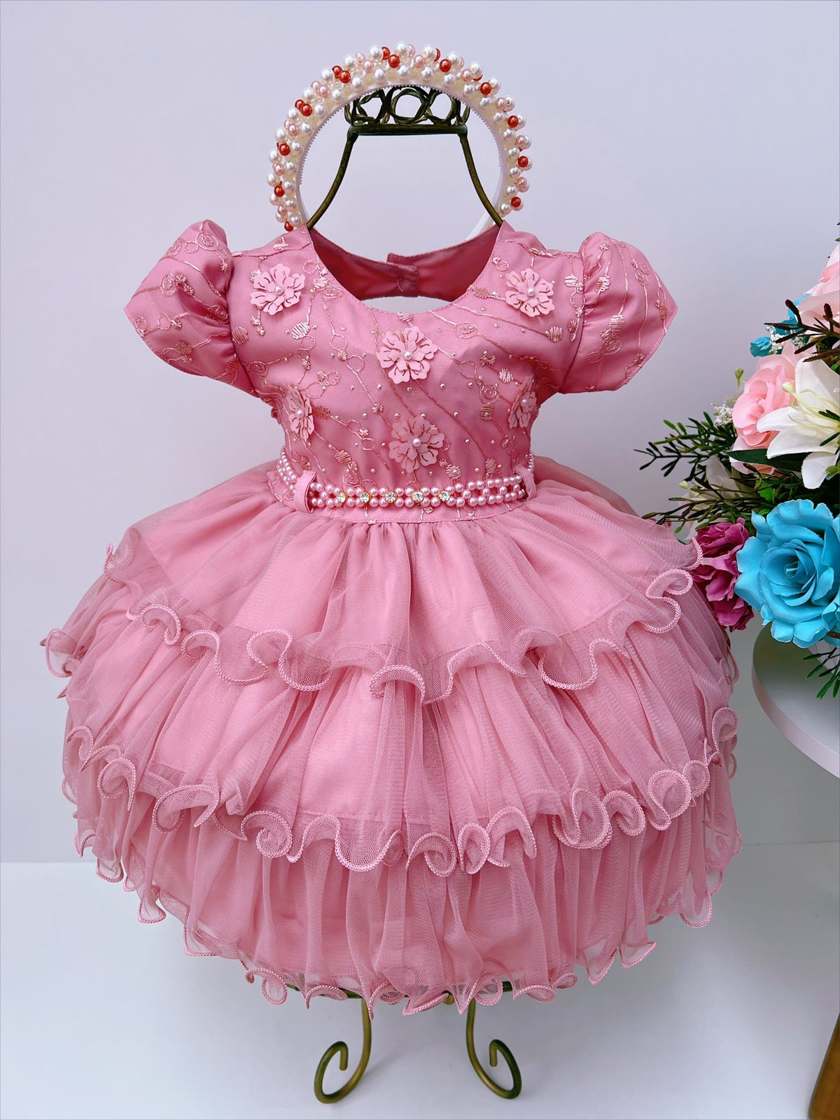 Vestido Infantil Batizado Rosê Flores e Babados