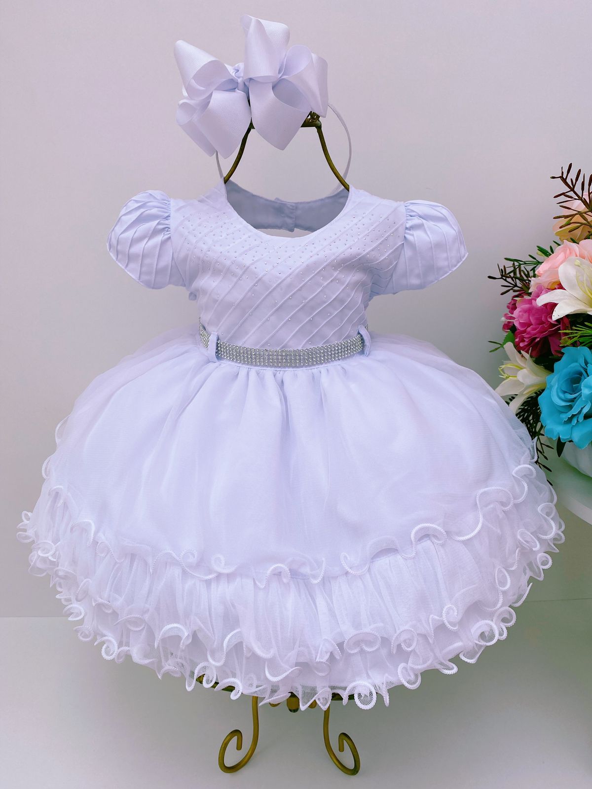 Vestido Infantil Bebê Branco Babados Brilho Cinto Strass