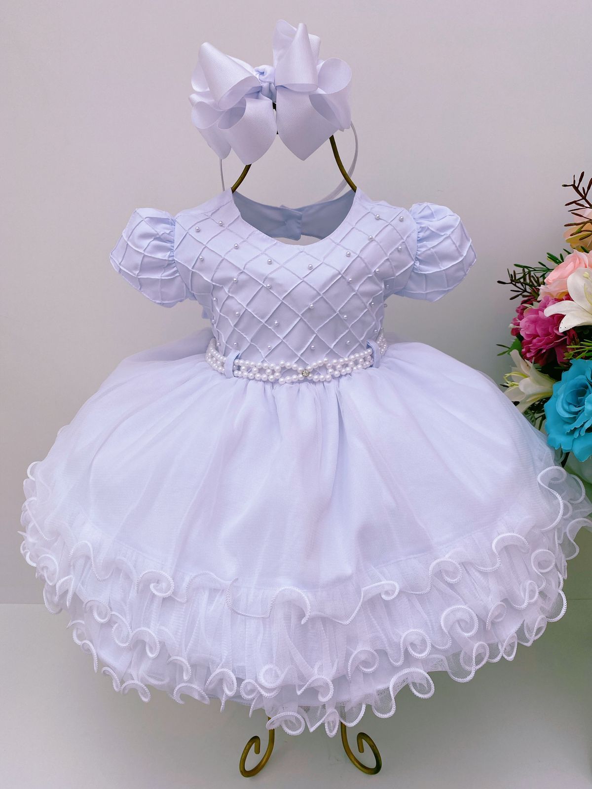 Vestido Infantil Bebê Branco Babados Pérolas Batizado