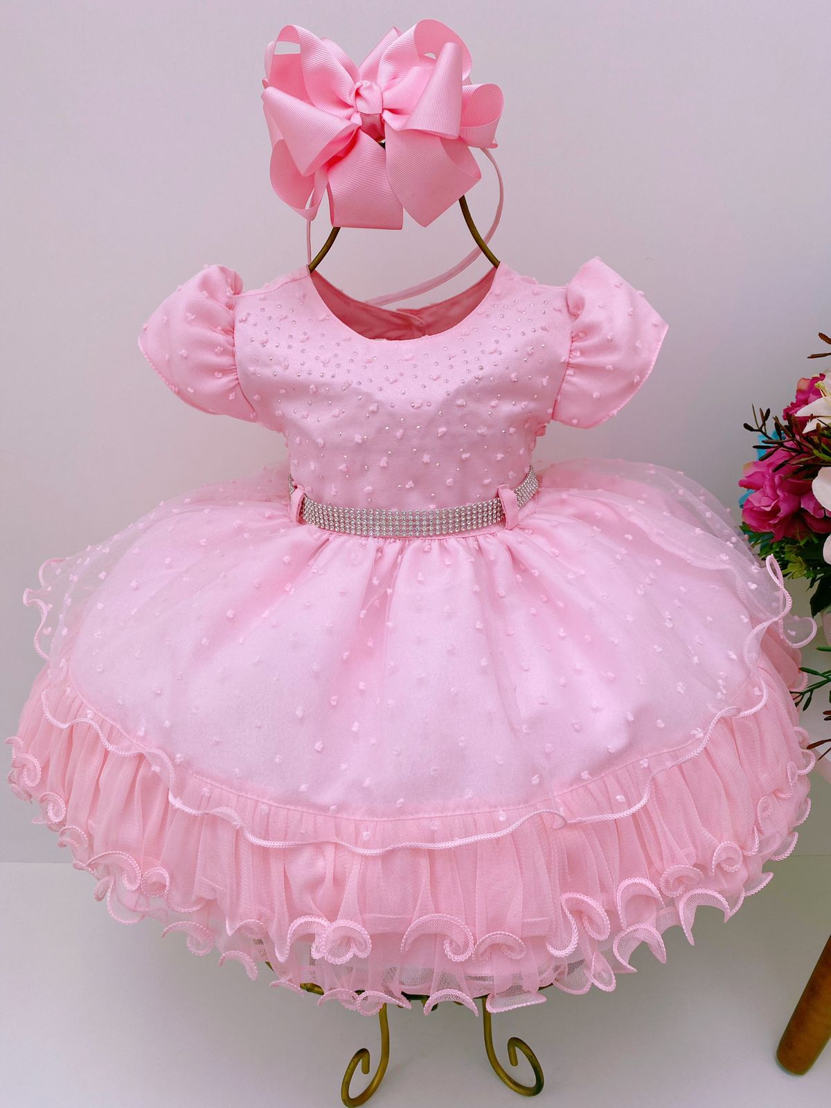 Vestido Infantil Bebê Rosa Babados Bolinhas Cinto Strass