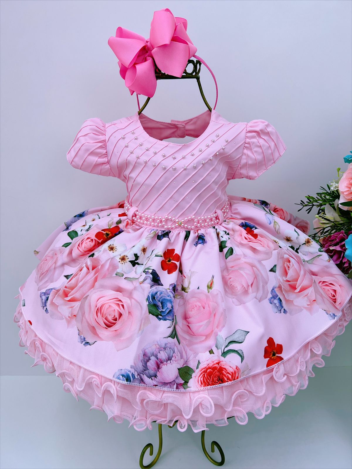 Vestido Infantil Bebê Rosa Florido Rendado Brilho Pérola