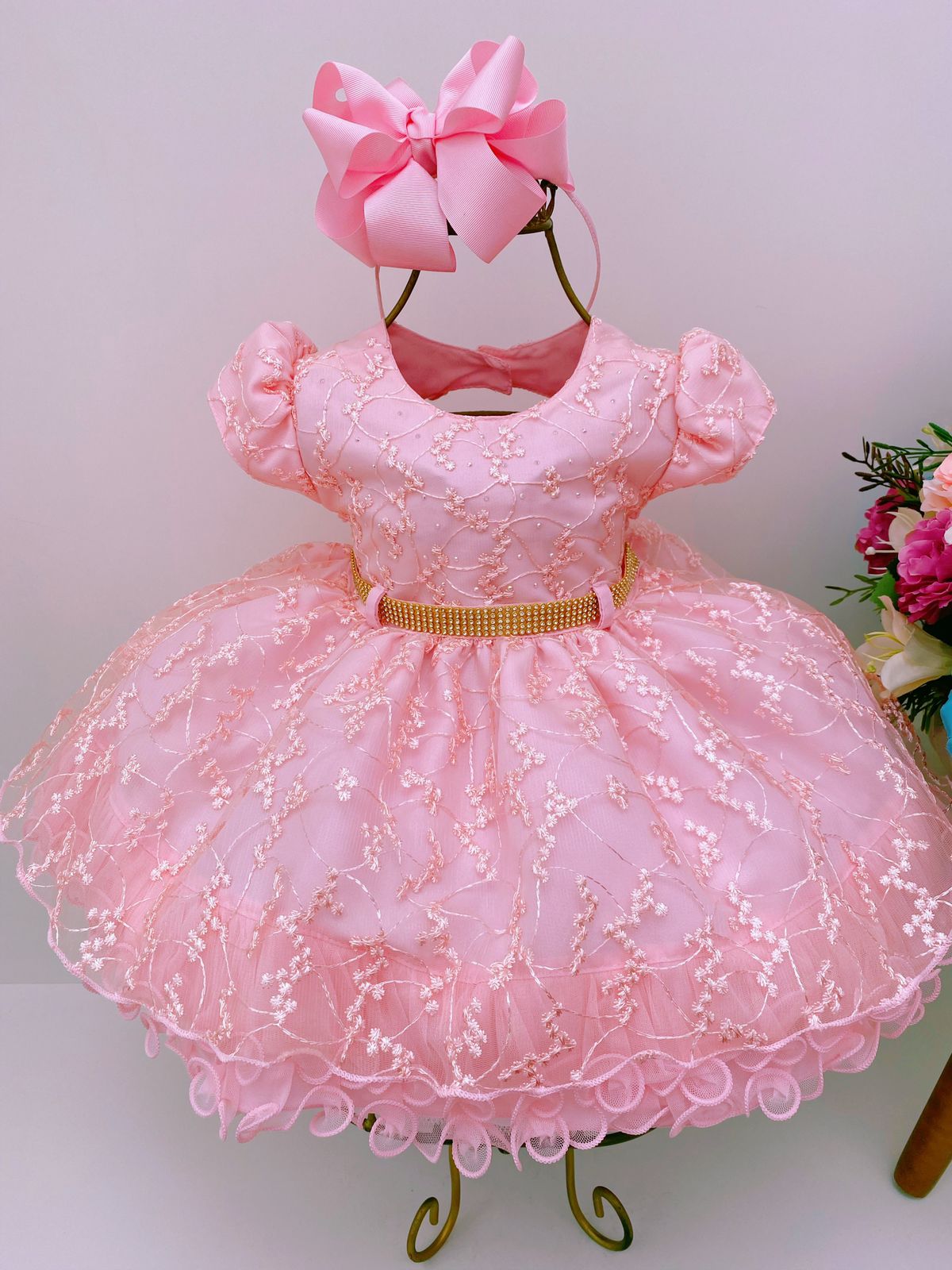 Vestido Infantil Bebê Rosa Rendado Brilho Cinto Strass