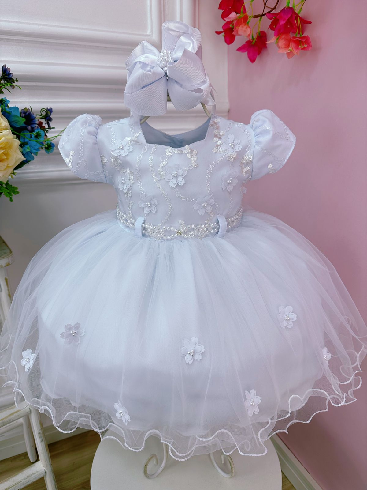 Vestido Infantil Branco Aplique de Flores e Renda Batizados