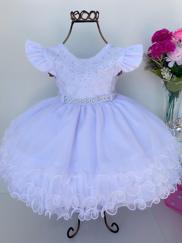 Vestido Infantil Branco Batizado Bebê Babados e Pérolas