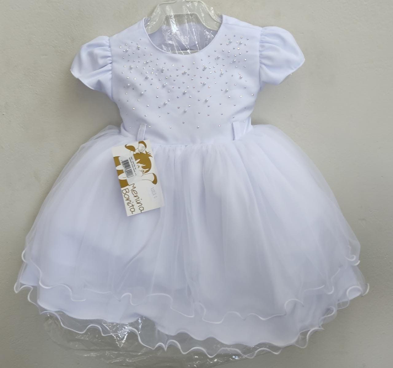 Vestido Infantil Branco Batizado Bebê Peito Strass (Não acompanha Cinto)