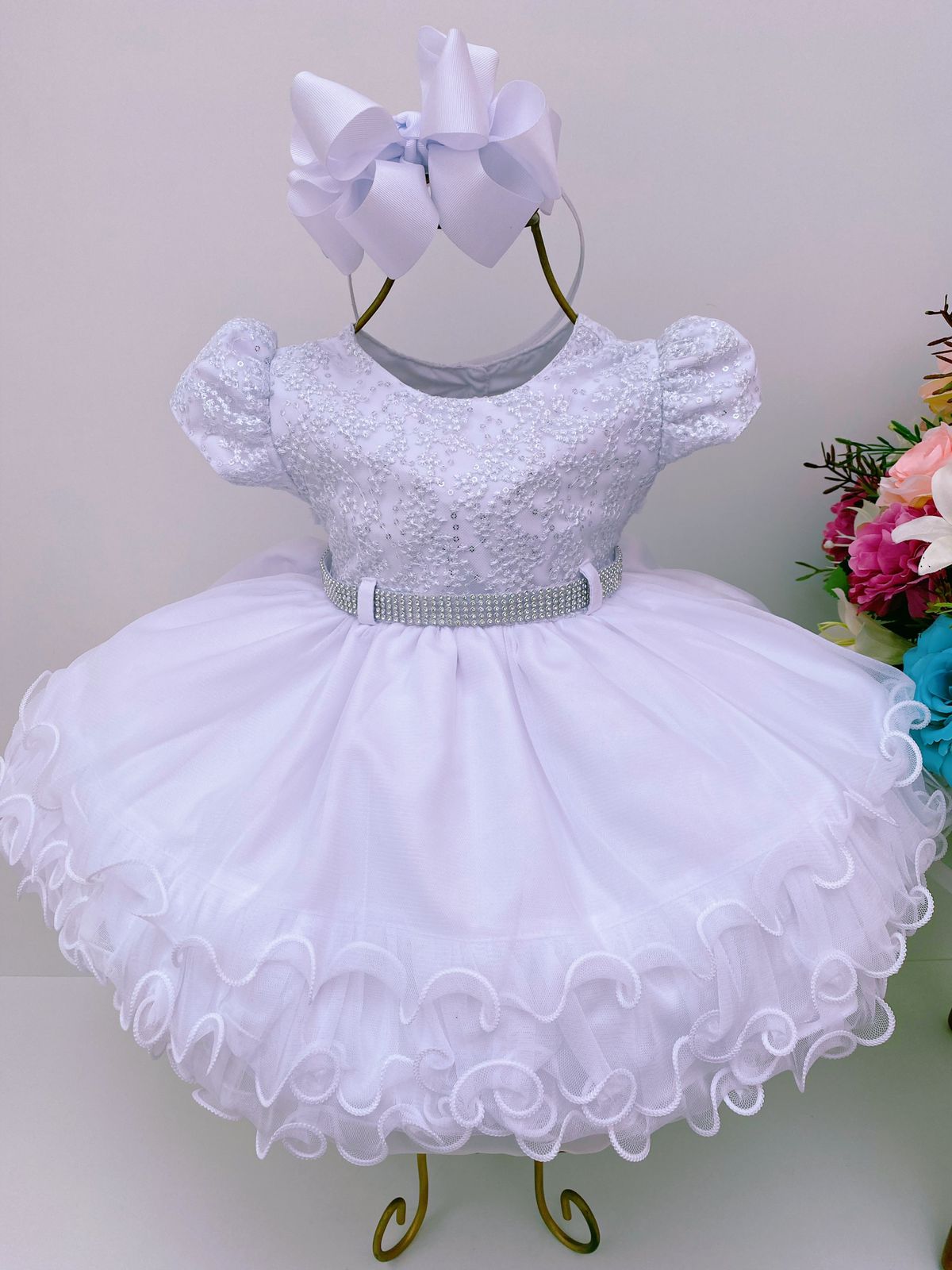 Vestido Infantil Branco Batizado Lantejoula e Strass