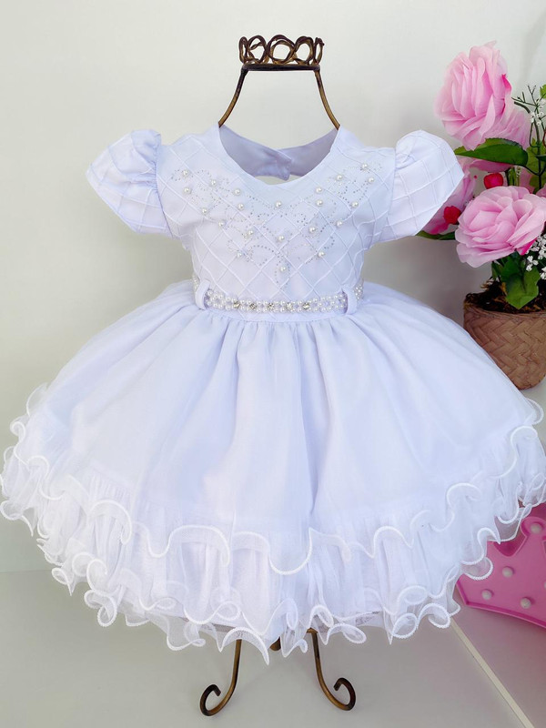 Vestido Infantil Branco Batizado Pérolas e Strass Luxo