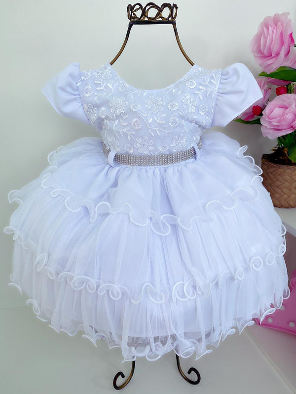 Vestido Infantil Branco Batizado Renda Babados Cinto Strass