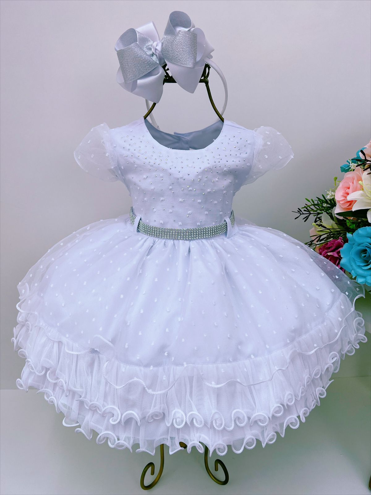 Vestido Infantil Branco Batizado Strass Babados Princesas