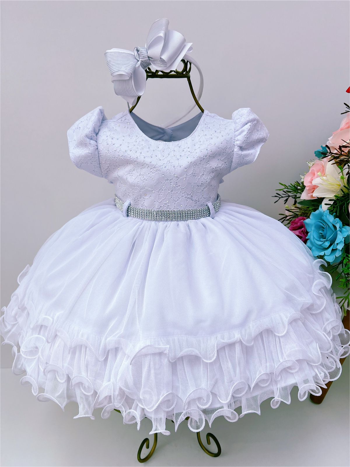 Vestido Infantil Branco Batizado Strass Babados