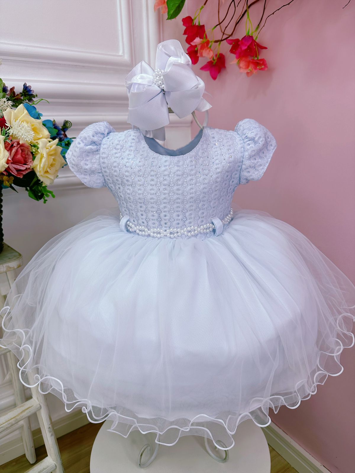 Vestido Infantil Branco Batizados Com Renda e Peito Strass