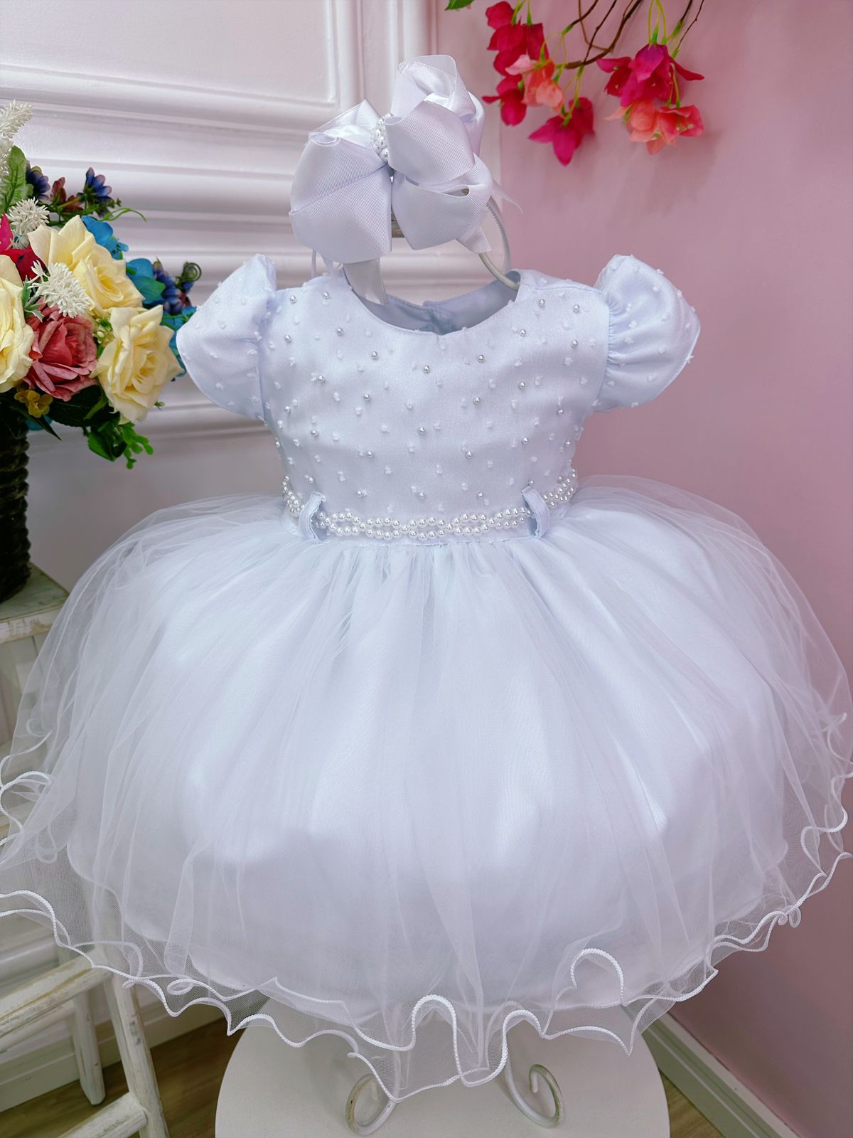 Vestido Infantil Branco Batizados Peito e Cinto C/ Pérolas