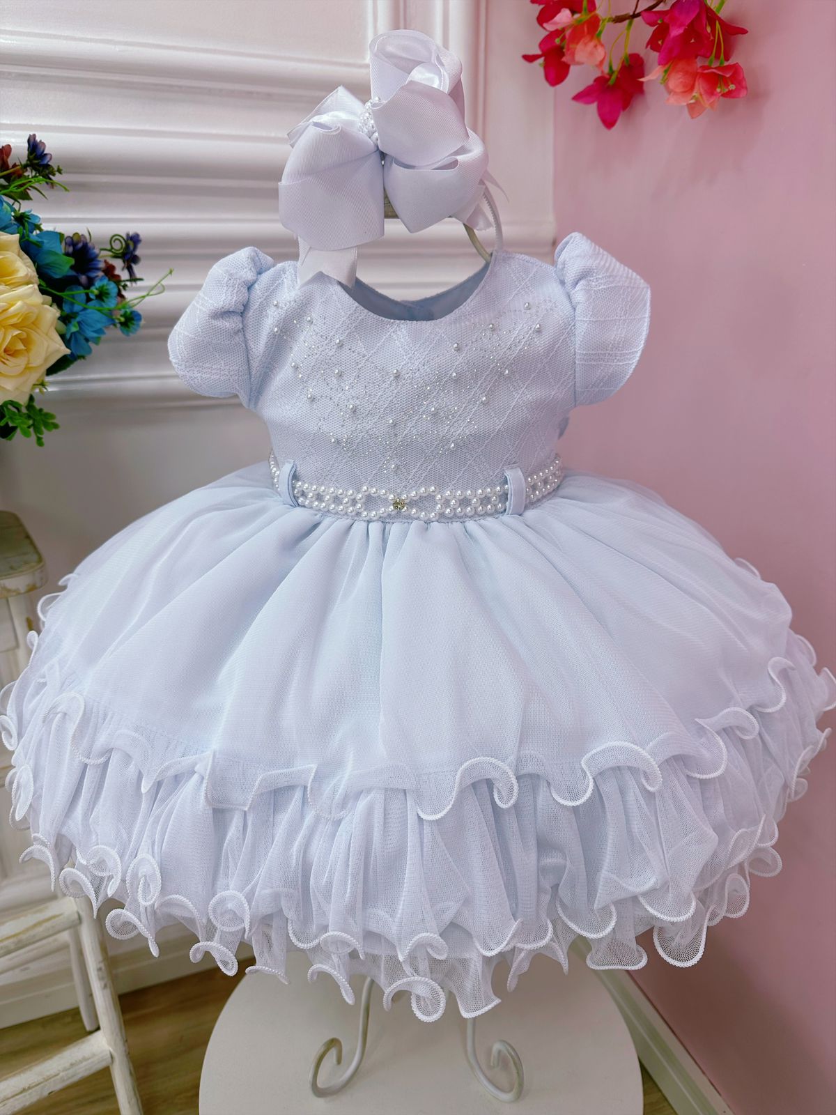Vestido Infantil Branco C/ Peito Strass e Renda Batizados
