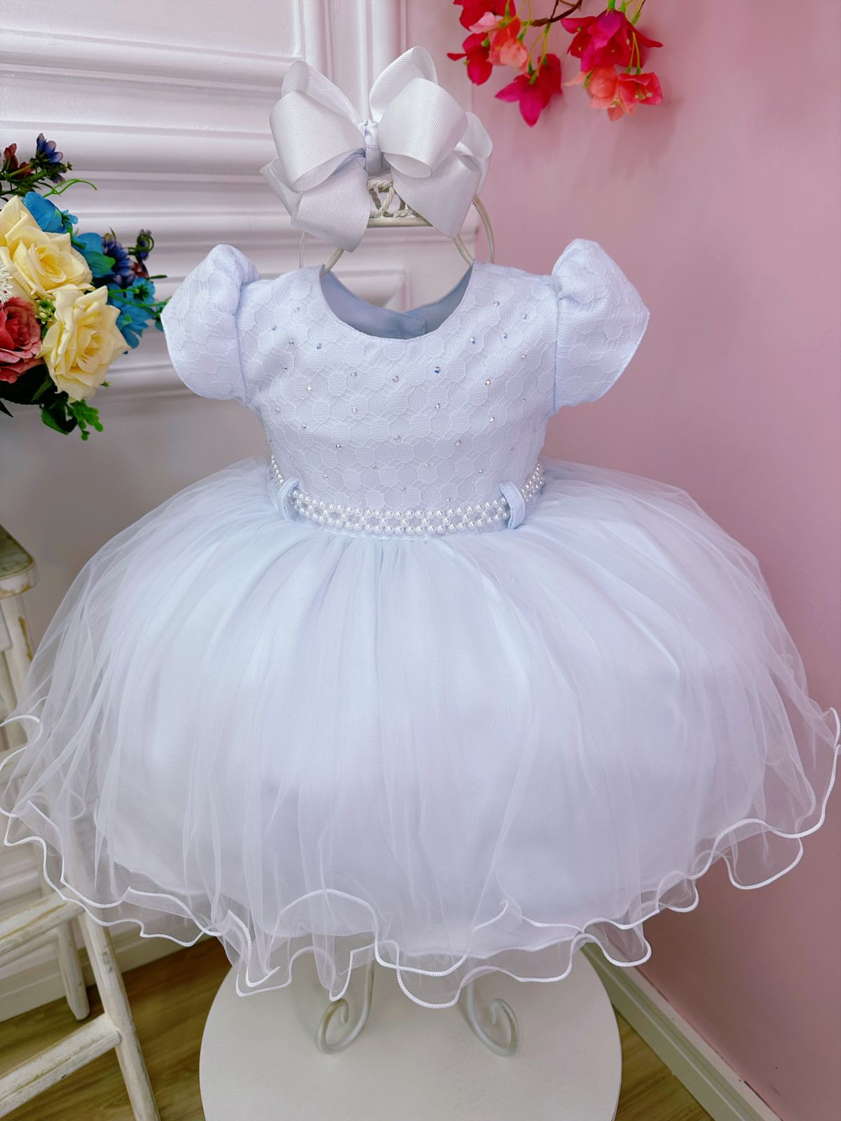 Vestido Infantil Branco C/ Renda e Peito Strass Batizados