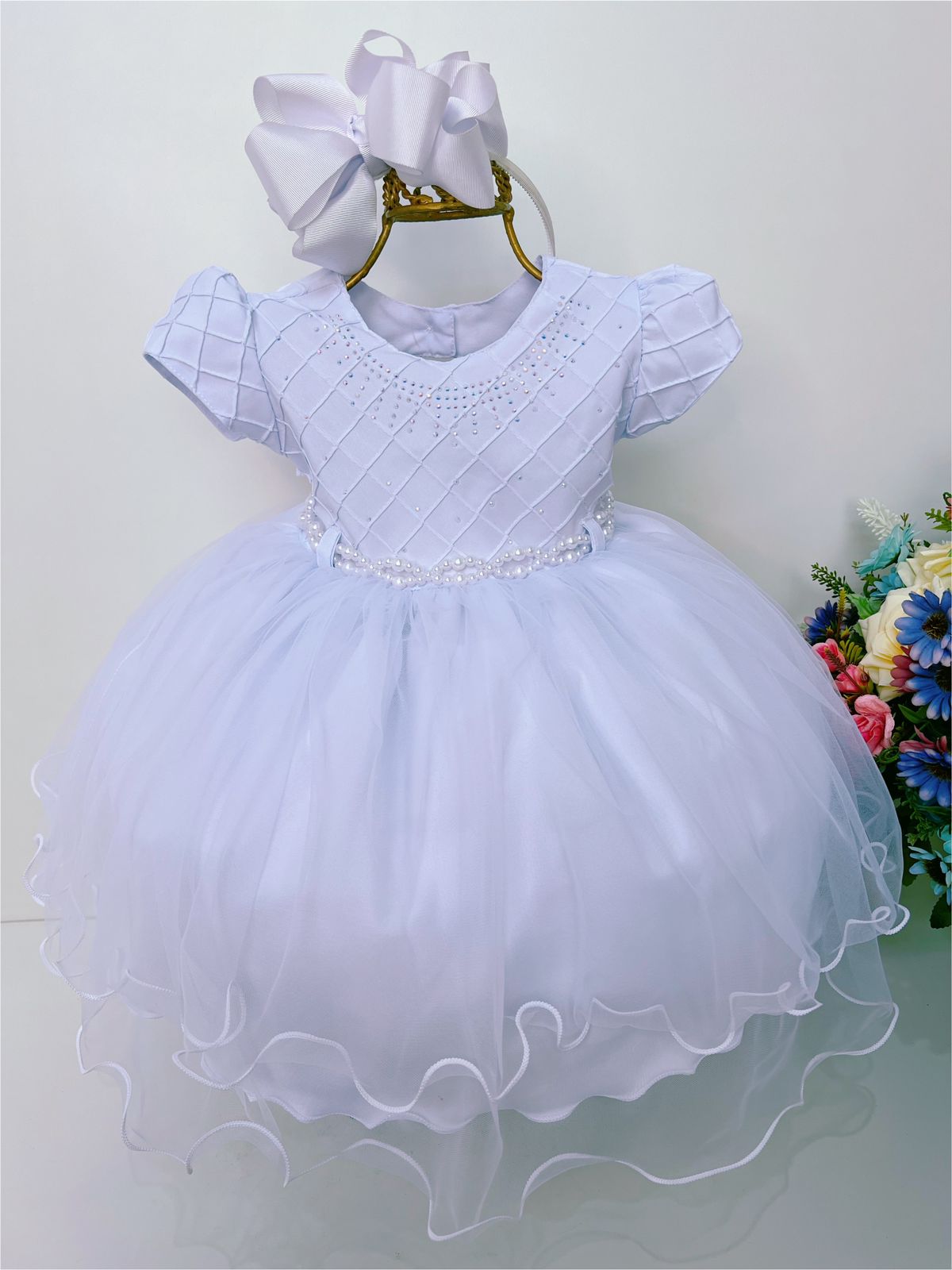 Vestido Infantil Branco Peito Nervura Batizado Bebê Pérolas