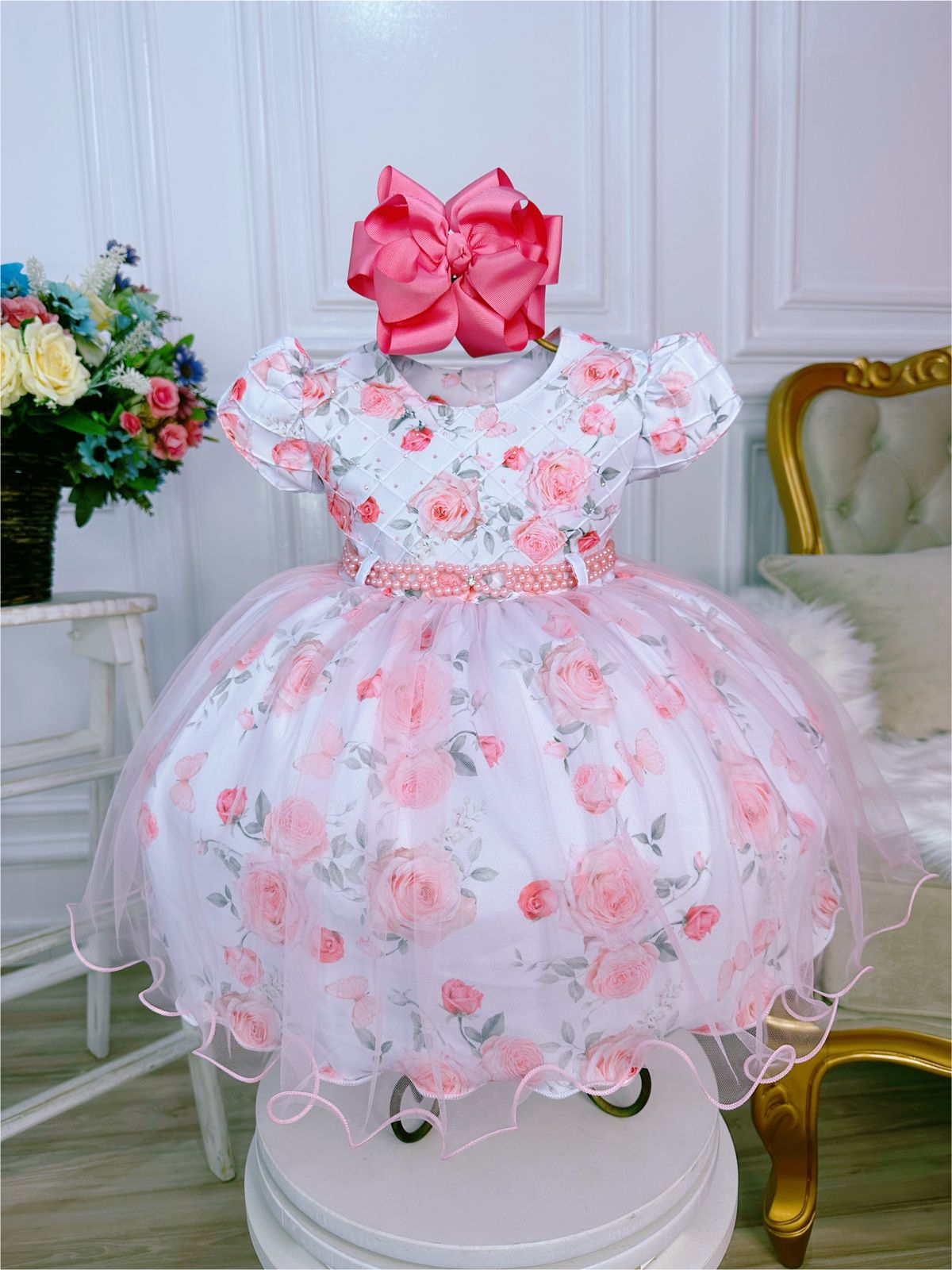 Vestido Infantil Branco Peito Nervura Florido Batizado Bebê